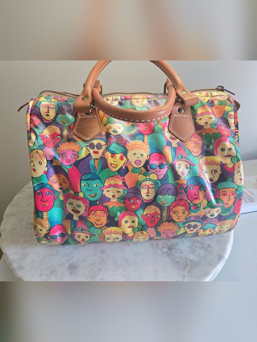 Colorful Faces Print Satchel with Tan Handles